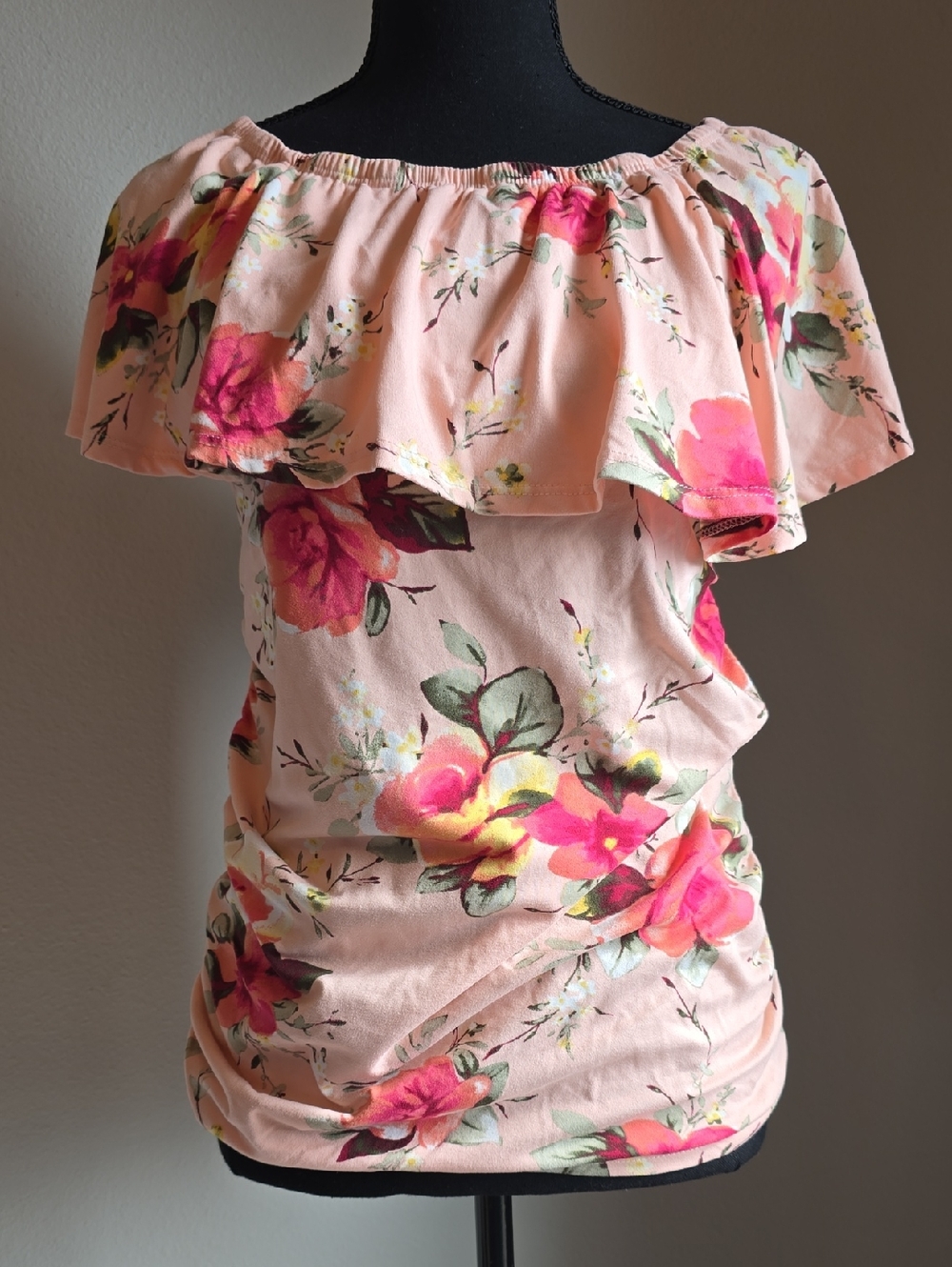 Hello MIZ Peach Floral Off-Shoulder Ruffle Maternity Top - Size Small